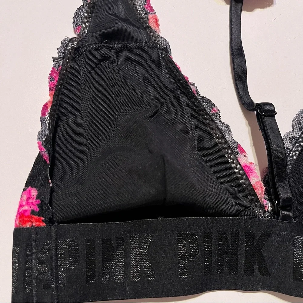 PINK Victoria Secret Black Pink Rose Floral Halter Neck Bralette Bra Small